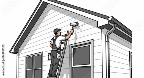 A painter works on a ladder, painting the exterior of a house