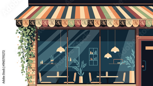 Front view of a charming small cafe or bakery shop with a colorful striped awning and large glass windows revealing the cozy interior space.