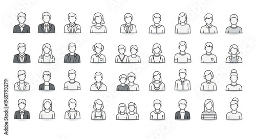 Minimalist avatar icon set, 36 diverse people line icons, professional business profile characters and user portraits for web design