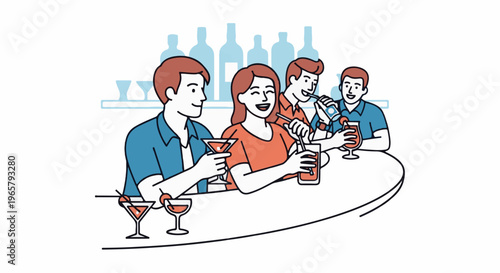 Friends enjoying drinks at a bar with bottles on the shelf behind