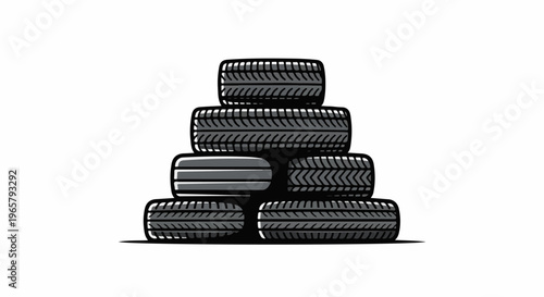 Stack of gray car tires with different tread patterns on a white background