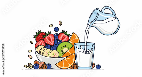 Fresh fruit bowl with berries, banana, kiwi, orange slices, nuts and pouring milk