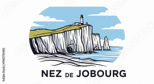 Stylized coastal cliffs with lighthouse and text at the bottom