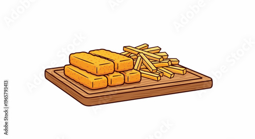 Crispy golden fish fingers piled with french fries on a wooden board