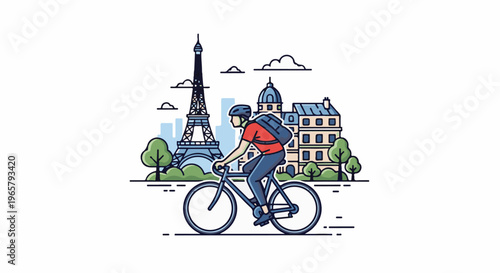 Cyclist in Paris with iconic landmark and buildings