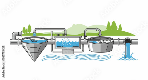 Diagram of industrial water purification plant with various tanks and pipes