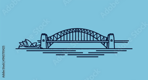 Stylized iconic cityscape with bridge and sail-like buildings on water