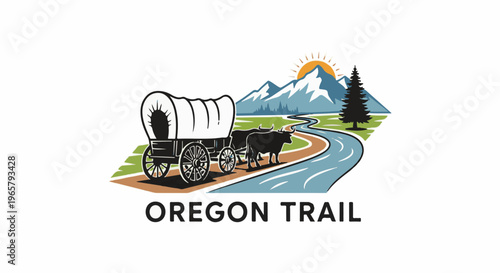 Covered wagon pulled by oxen follows a winding path toward mountains at sunset