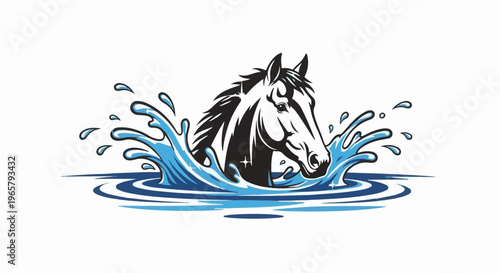 Stylized horse head emerges from splashing blue water ripples
