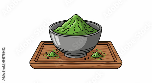 A grey bowl filled with green powder sits on a wooden tray