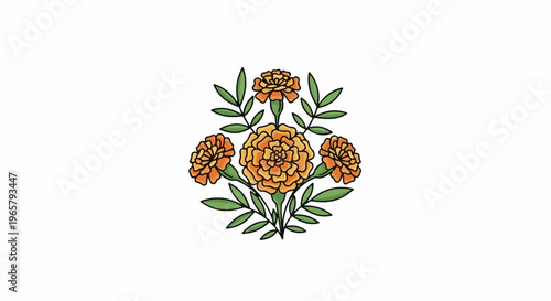 Stylized illustration of orange marigolds with green leaves on a white background