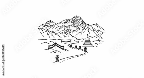 Stylized mountain landscape with trekkers and stupa