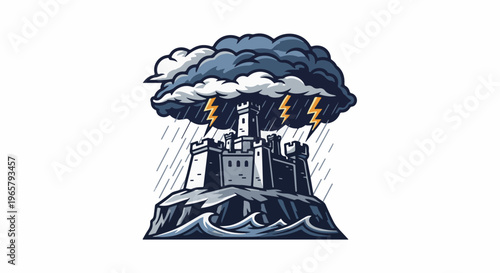 A fortress stands defiant on a rocky outcrop amidst a fierce thunderstorm