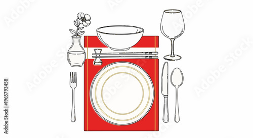 A dining setup with a plate, bowl, chopsticks, wine glass, vase, fork, knife, and spoon
