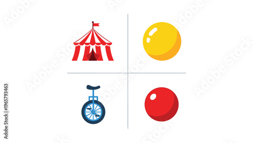 Colorful circus-themed icons featuring a tent, ball, bell, and sphere