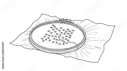 Hand drawn line art illustration of a cross stitch embroidery project held in a round wooden hoop on a piece of white fabric material.