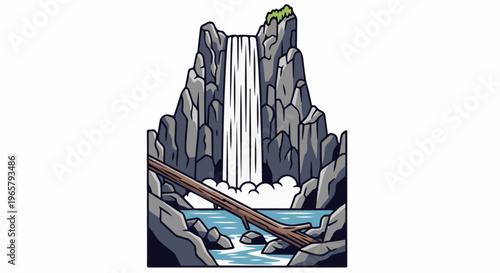 Stylized waterfall cascades down rocky cliffs into a pool with a fallen log
