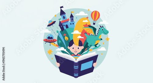 Child reading a book, fantasy world unfolds from pages dragons, castles, spaceships