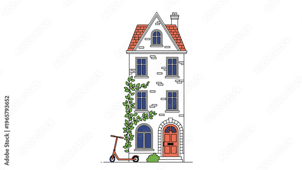 Naklejka premium Narrow three story urban house illustration with a red roof climbing green vines on the side wall and a small kick scooter parked outside.