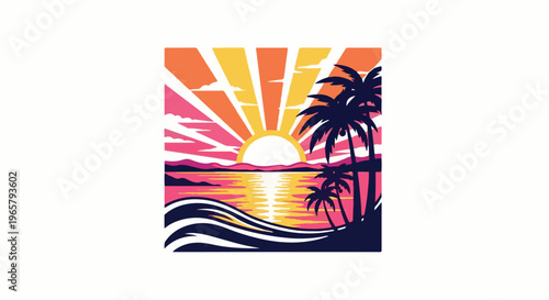 Vivid tropical sunset over calm ocean with silhouetted palm trees
