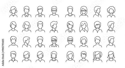 Minimalist avatar line icons, set of 32 diverse people profile symbols, thin stroke human head and shoulders illustrations, vector eps format