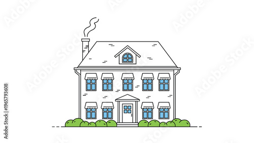 Simple architectural line drawing of a classic two story residential house with a chimney windows and green bushes at the front entrance.