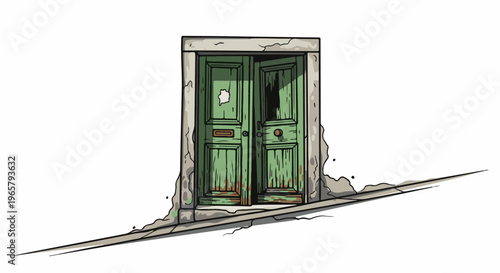 An old, weathered green double door stands ajar, set in a stone frame