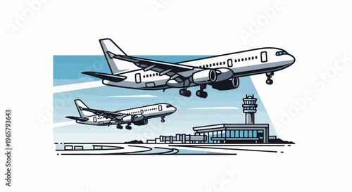 Two airplanes ascend from airport runway near control tower