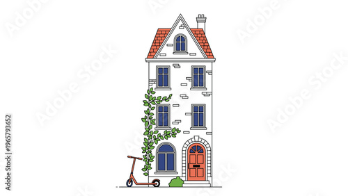 Narrow three story urban house illustration with a red roof climbing green vines on the side wall and a small kick scooter parked outside.