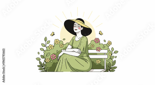 Woman in a wide-brimmed hat sits peacefully amidst blooming flowers and butterflies