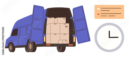 Logistics, delivery services, time management, transportation, shipping, e-commerce. Blue van filled with boxes, document and clock. Logistics and delivery services concept