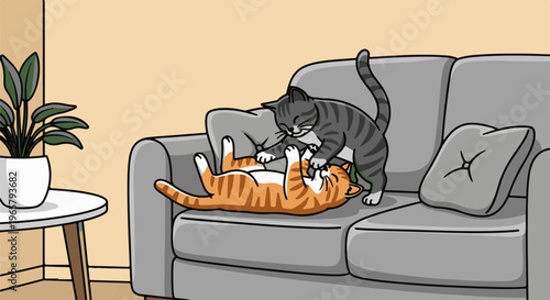 Two playful cats tumbling on a couch with a potted plant nearby
