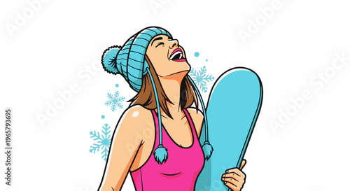 Woman in winter hat and pink top holding a snowboard with snowflakes falling
