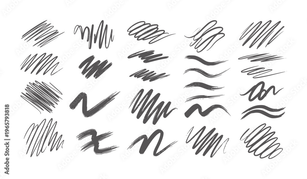 Fototapeta premium Collection of hand drawn dark grey brush strokes and scribbles
