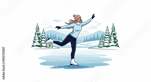 Woman ice skating on a frozen lake with snow-covered trees and mountains
