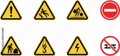 Comprehensive editable icon set safety warning signs for road construction and electrical hazards