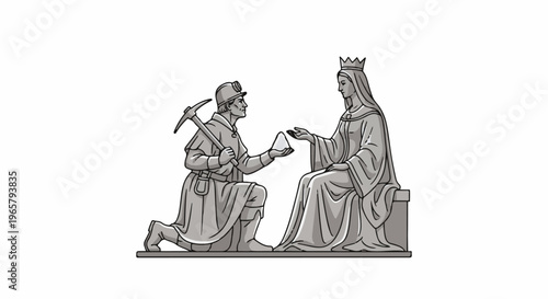 A miner offers a gemstone to a queen