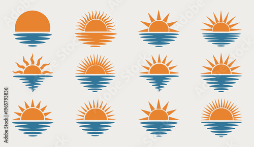 abstract sun silhouettes vector set, sunset reflection on water minimalist icons, simple horizon sun shapes collection,