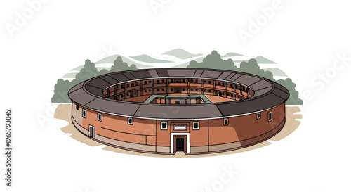 A large circular building with multiple stories and windows, set against a backdrop of hills and trees