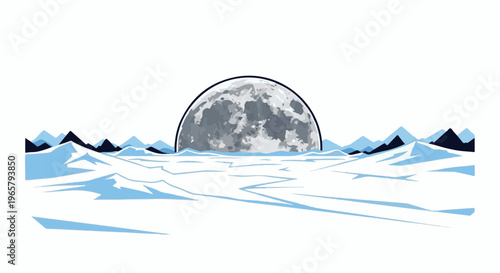 A large moon partially emerges from behind icy mountains and a frozen landscape