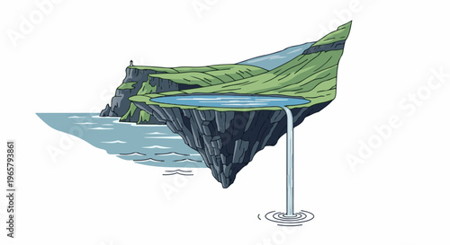 A floating island with a lake and waterfall overlooks a sea with a lighthouse