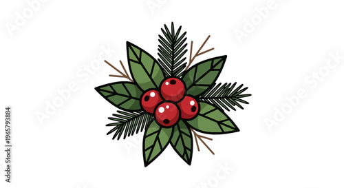 A festive arrangement of red berries, green leaves, and pine sprigs