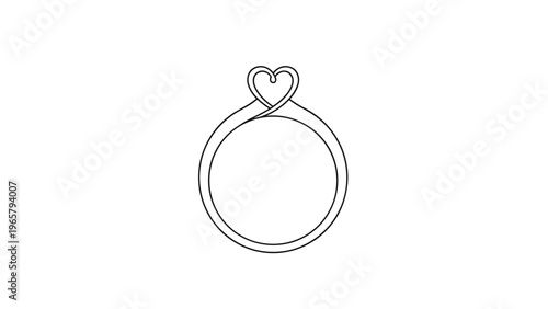 Simple black line drawing of a delicate jewelry ring where the top setting forms a graceful heart shape on a minimalist white background.