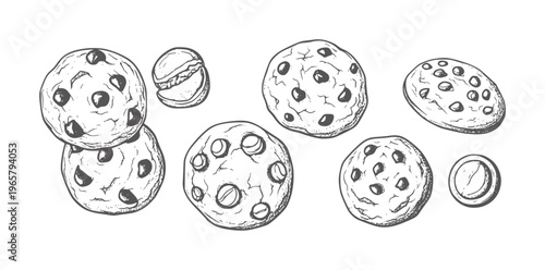 Hand drawn chocolate chip cookies and macaron food