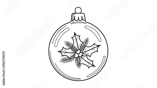 Line art drawing of a classic Christmas bauble ornament decorated with a sprig of holly leaves and red berries in the center of the sphere.