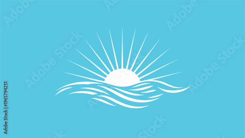 Simple graphic illustration of a bright white sun rising or setting over stylized blue ocean waves against a clean light blue background.