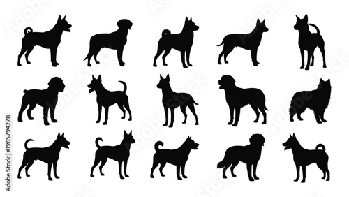 A collection of fifteen black dog silhouettes in varying poses and breeds displayed on a white background silhouette