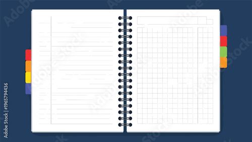 Illustration of an open spiral bound notebook showing blank lined pages and colorful plastic divider tabs on both the left and right sides.