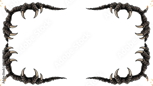 A dark and ominous frame with sharp claws and spikes on a white background