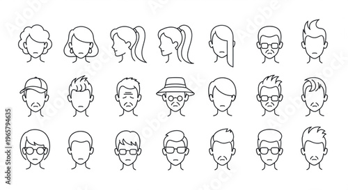 Minimalist avatar line icons, set of 21 diverse people profile heads, simple outline character portraits for web and app UI design